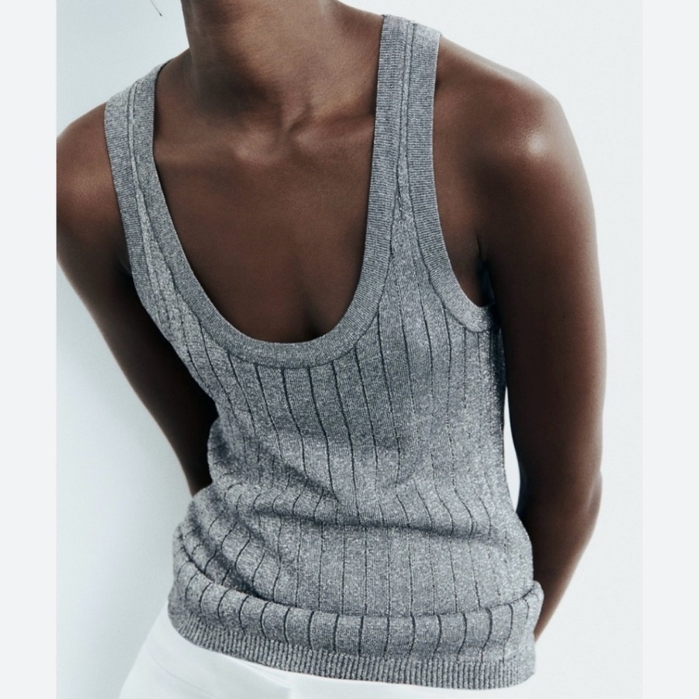 Zara Metallic Knit Top XL Dark Silver Tank